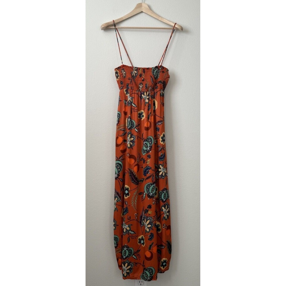 Maeve Anthropologie spaghetti strap Orange Floral Cross Back Maxi Dress Medium